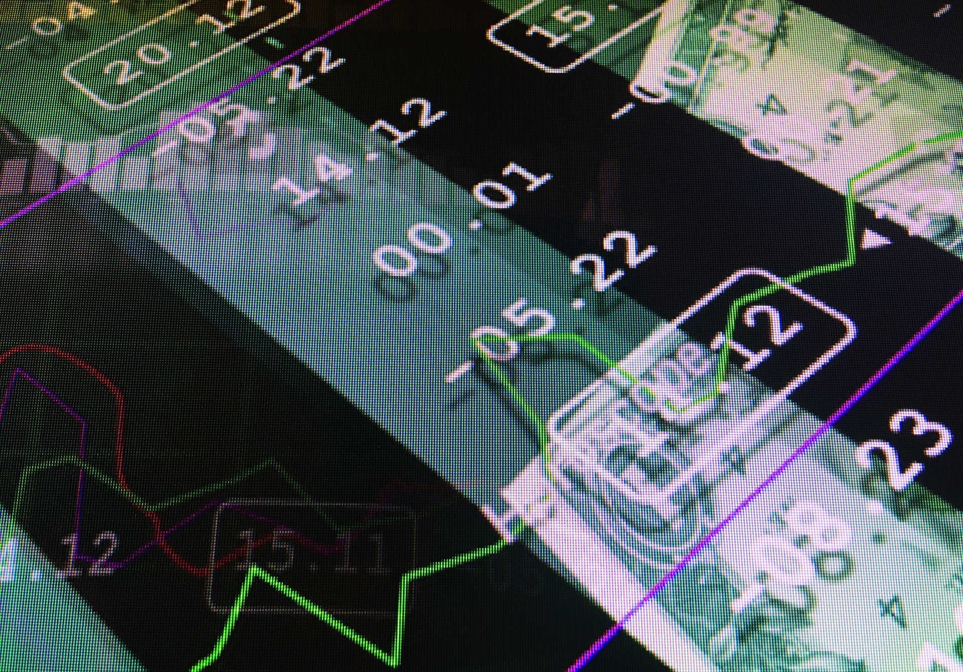 Data statistics on a screen in green. 